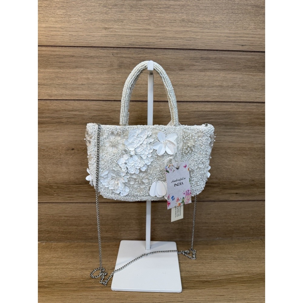 NWT Handcrafted In India Beaded Sequin Flower Handbag White Bridal Mini Tote